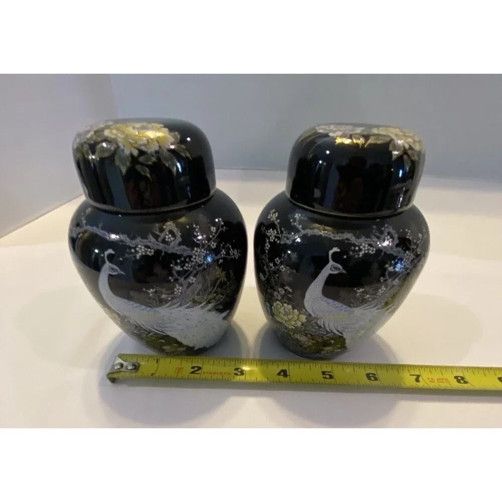 SHIBATA, 2 Hand Painted Peacock Black Ceramic Ginger Jars